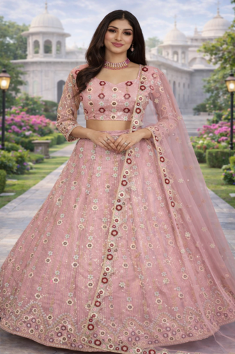 Pink Color Embroidery Sequins Work Net Lehenga Choli Dupatta Set