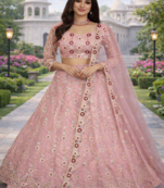 Pink Color Embroidery Sequins Work Net Lehenga Choli Dupatta Set