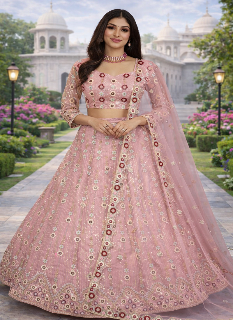 Pink Color Embroidery Sequins Work Net Lehenga Choli Dupatta Set