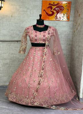 Pink Color Embroidery Sequins Work Net Lehenga Choli Dupatta Set 4