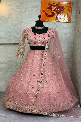 Pink Color Embroidery Sequins Work Net Lehenga Choli Dupatta Set