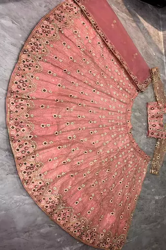 Pink Color Embroidery Sequins Work Net Lehenga Choli Dupatta Set