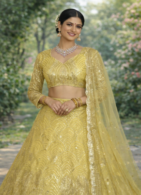 Yellow Color Embroidery Sequins Work Net Lehenga Choli Dupatta Set 2
