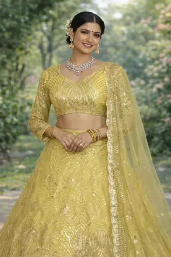 Yellow Color Embroidery Sequins Work Net Lehenga Choli Dupatta Set