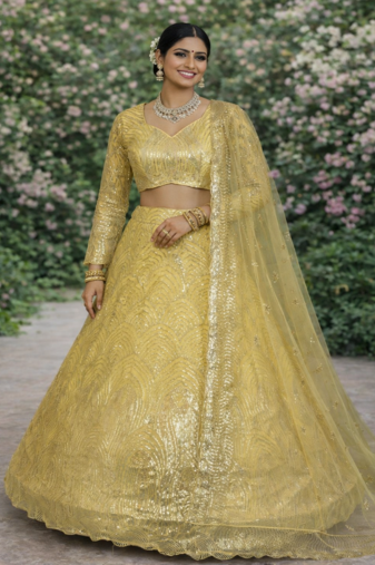 Yellow Color Embroidery Sequins Work Net Lehenga Choli Dupatta Set