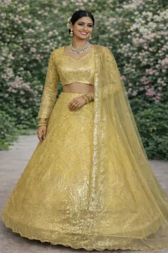 Yellow Color Embroidery Sequins Work Net Lehenga Choli Dupatta Set