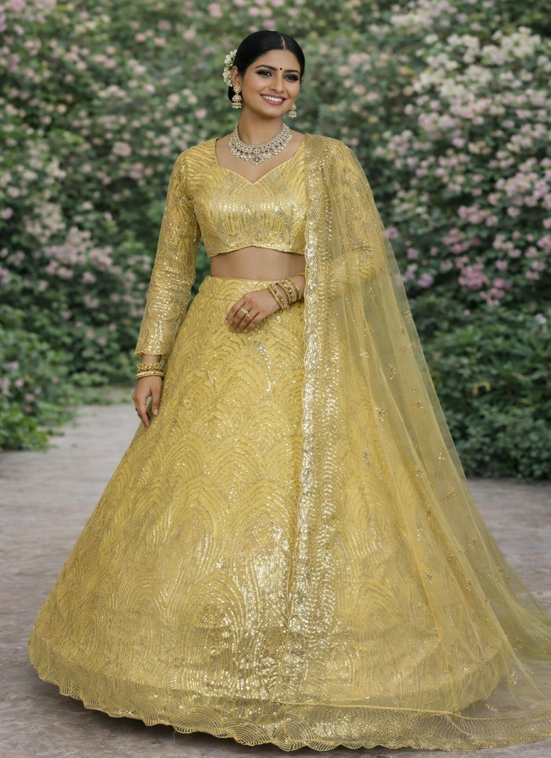Yellow Color Embroidery Sequins Work Net Lehenga Choli Dupatta Set