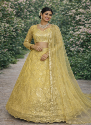 Yellow Color Embroidery Sequins Work Net Lehenga Choli Dupatta Set 3