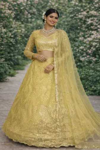 Yellow Color Embroidery Sequins Work Net Lehenga Choli Dupatta Set