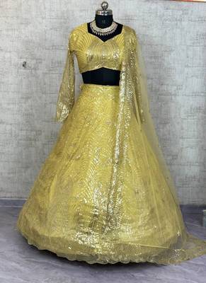 Yellow Color Embroidery Sequins Work Net Lehenga Choli Dupatta Set 4