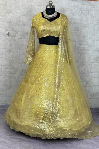 Yellow Color Embroidery Sequins Work Net Lehenga Choli Dupatta Set