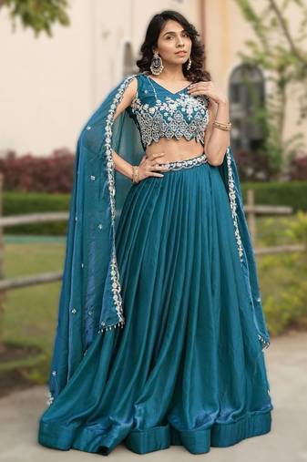 TEAL BLUE New Arrival Fendy Silk Lehenga in Teal Blue | Designer Beads & Scallop Work