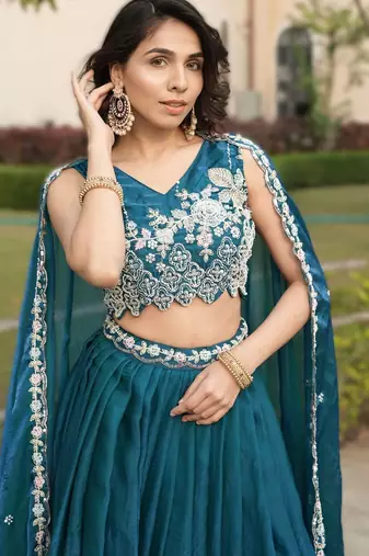 TEAL BLUE New Arrival Fendy Silk Lehenga in Teal Blue | Designer Beads & Scallop Work
