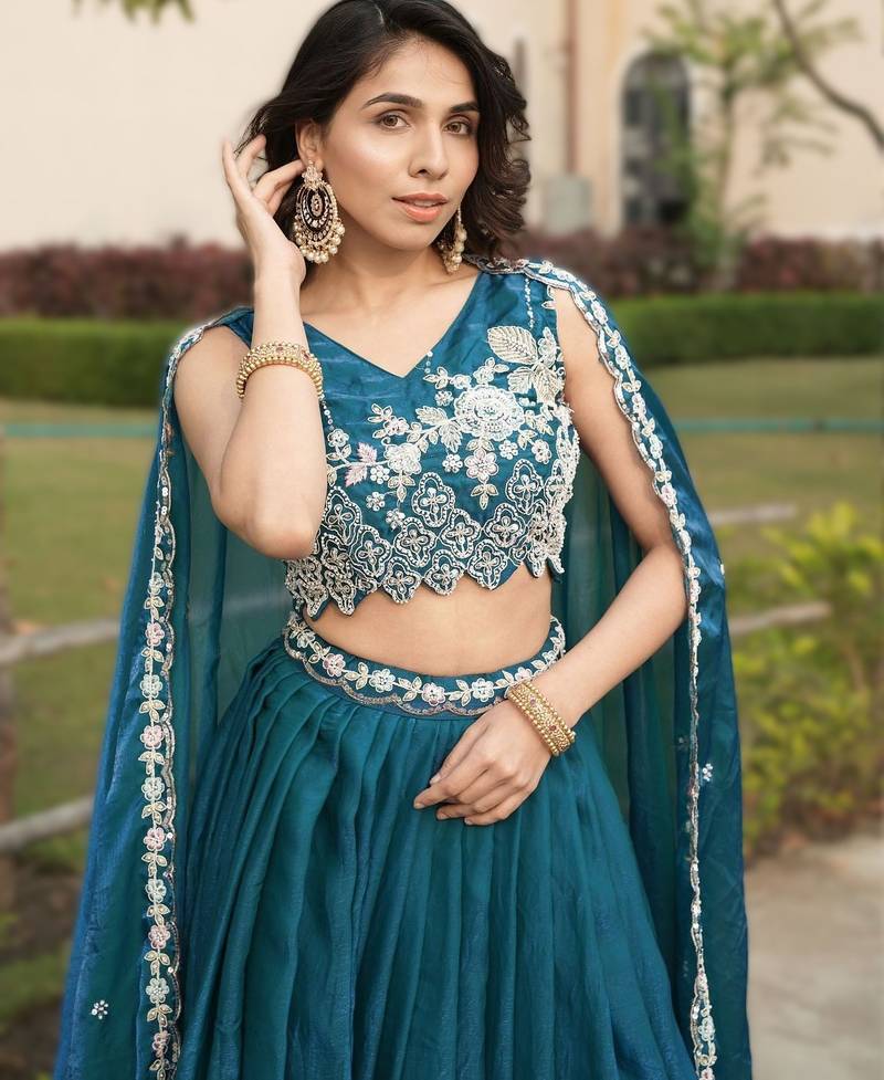 TEAL BLUE New Arrival Fendy Silk Lehenga in Teal Blue | Designer Beads & Scallop Work