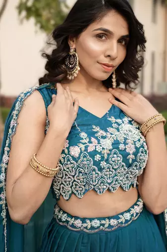 TEAL BLUE New Arrival Fendy Silk Lehenga in Teal Blue | Designer Beads & Scallop Work