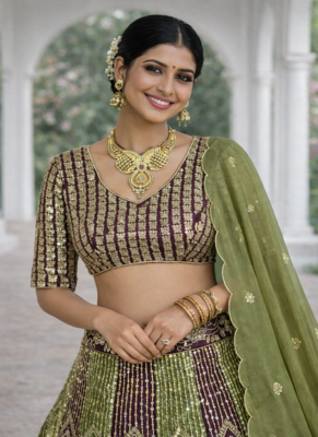 Olive Color Embroidery Sequins Work Chinon Silk Lehenga Choli Dupatta Silk 2