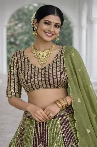 Olive Color Embroidery Sequins Work Chinon Silk Lehenga Choli Dupatta Silk