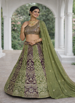 Olive Color Embroidery Sequins Work Chinon Silk Lehenga Choli Dupatta Silk 3