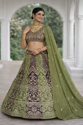 Olive Color Embroidery Sequins Work Chinon Silk Lehenga Choli Dupatta Silk