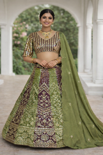 Olive Color Embroidery Sequins Work Chinon Silk Lehenga Choli Dupatta Silk