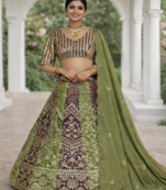 Olive Color Embroidery Sequins Work Chinon Silk Lehenga Choli Dupatta Silk