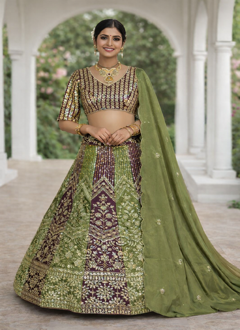 Olive Color Embroidery Sequins Work Chinon Silk Lehenga Choli Dupatta Silk