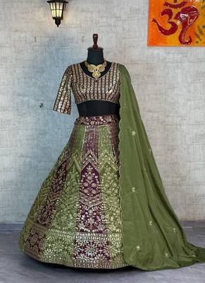Olive Color Embroidery Sequins Work Chinon Silk Lehenga Choli Dupatta Silk 4