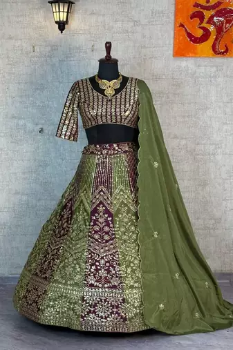 Olive Color Embroidery Sequins Work Chinon Silk Lehenga Choli Dupatta Silk