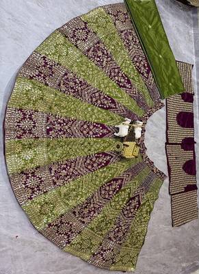 Olive Color Embroidery Sequins Work Chinon Silk Lehenga Choli Dupatta Silk 5