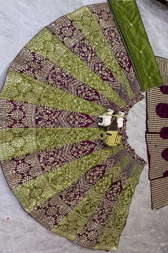 Olive Color Embroidery Sequins Work Chinon Silk Lehenga Choli Dupatta Silk