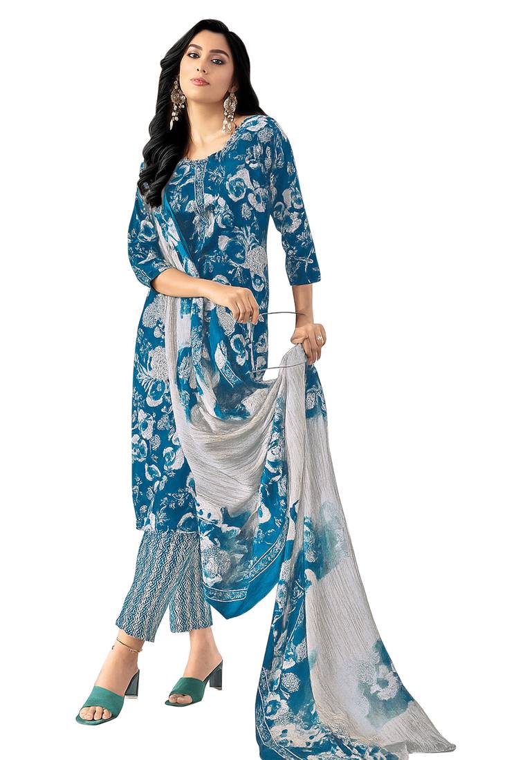Blue color crepe silk printed women unstitched dress material