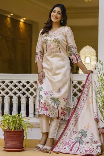 Cream women kurta pant dupatta set