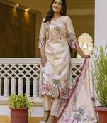 Cream women kurta pant dupatta set