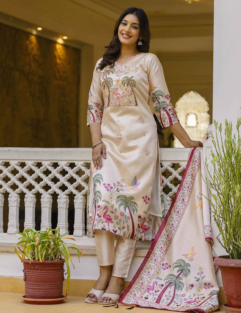 Cream women kurta pant dupatta set