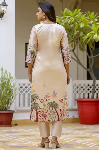 Cream women kurta pant dupatta set