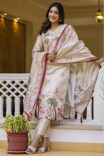 Cream women kurta pant dupatta set