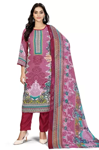 Pink color crepe silk printed women unstitched dress material