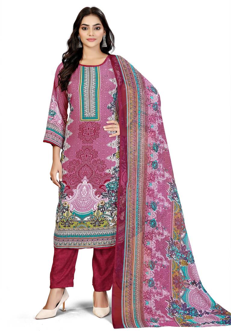 Pink color crepe silk printed women unstitched dress material