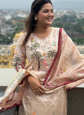 Cream women kurta pant dupatta set 2
