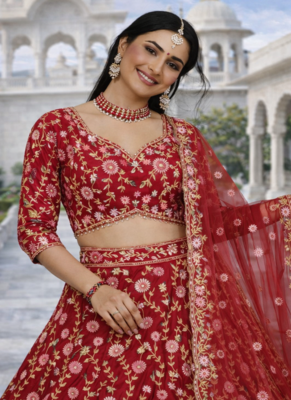 Red Color Embroidery Sequins Work Net Lehenga Choli Dupatta Silk 2