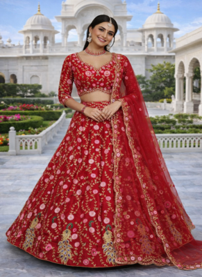 Red Color Embroidery Sequins Work Net Lehenga Choli Dupatta Silk 1