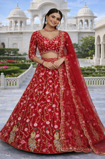 Red Color Embroidery Sequins Work Net Lehenga Choli Dupatta Silk