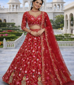 Red Color Embroidery Sequins Work Net Lehenga Choli Dupatta Silk