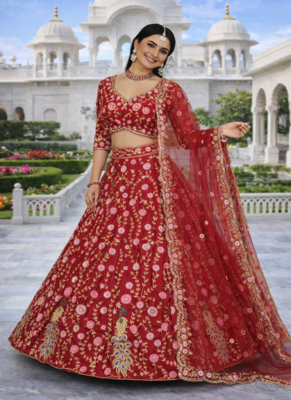 Red Color Embroidery Sequins Work Net Lehenga Choli Dupatta Silk 3