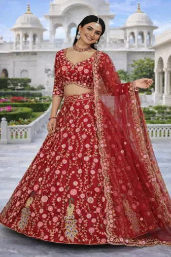 Red Color Embroidery Sequins Work Net Lehenga Choli Dupatta Silk