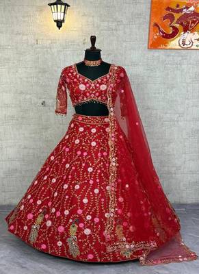 Red Color Embroidery Sequins Work Net Lehenga Choli Dupatta Silk 4
