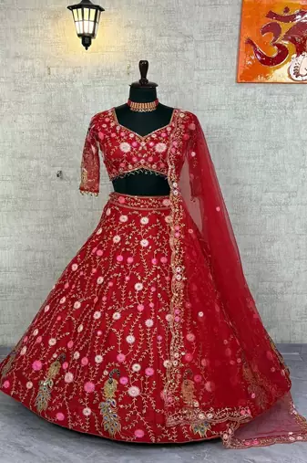 Red Color Embroidery Sequins Work Net Lehenga Choli Dupatta Silk