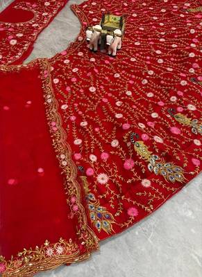 Red Color Embroidery Sequins Work Net Lehenga Choli Dupatta Silk 5
