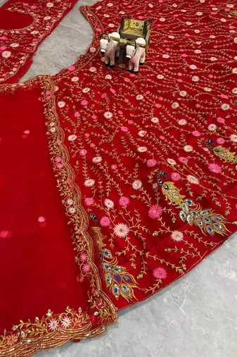 Red Color Embroidery Sequins Work Net Lehenga Choli Dupatta Silk