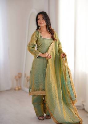 green ready-made fendy kurta set with diamond work & lace kurta sarara & dupatta 1
